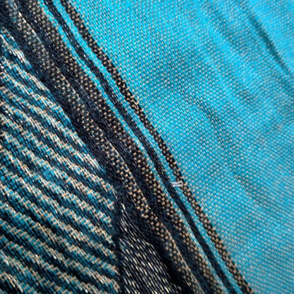 Cashmere Scarf Woven Turquoise Blue Black Metallic Gold Design Fringe Artsy Wrap - Picture 12 of 16
